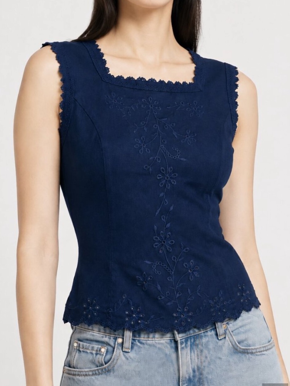 Reformation Navy Lorie Linen Top